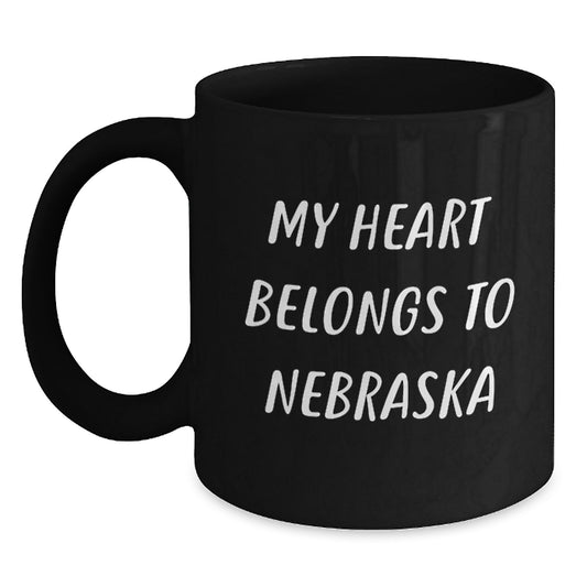 Funny Nebraska Coffee Mugs, My Heart Belongs To Nebraska, Black Coffee Mug, Birthday Unique Gifts from Friends to Nebraska Lovers, Gifts for Nebraska Men and Women - Main