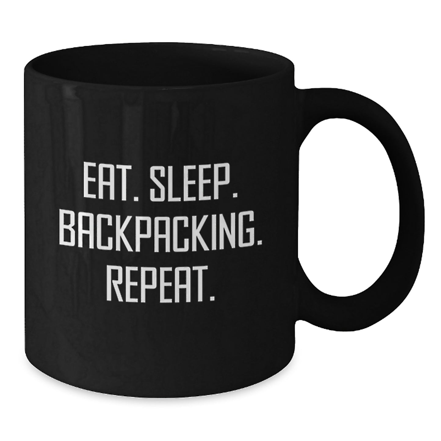 Backpacking Humor Gifts for Men Friends - 'Eat. Sleep. Backpacking. Repeat.' Funny Black Coffee Mug, Birthday Unique Gifts from Friends to Backpackers - Additional