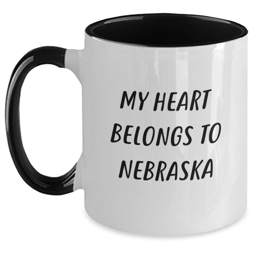 Funny Nebraska Gifts - 'My Heart Belongs To Nebraska' Two Tone Coffee Mug for Birthday from Friends, Coworkers, Family - Main