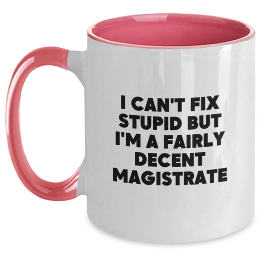 Magistrate Humor Gifts, Funny I Can't Fix Stupid But I'm A Fairly Decent Magistrate Two Tone Coffee Mug, Graduation Unique Gifts from Family, Friends, Women, or Coworkers - Main