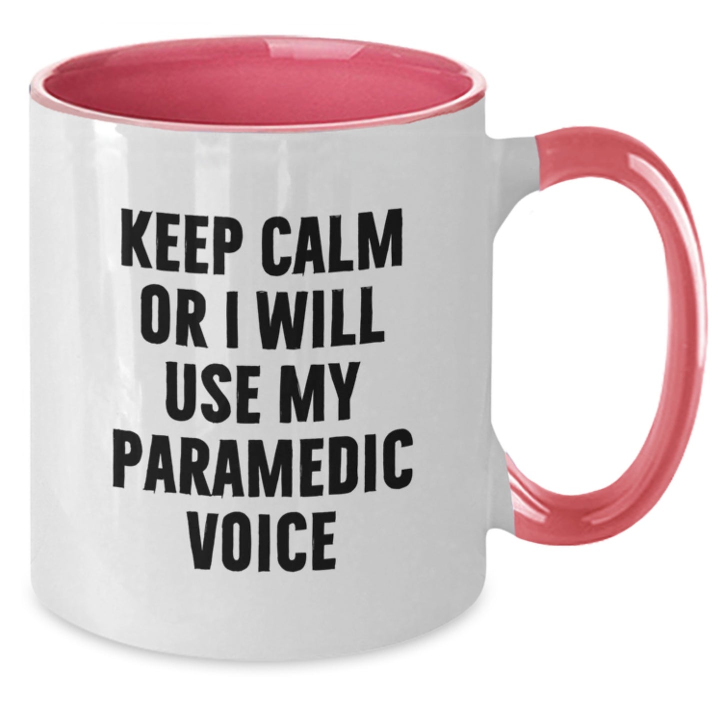 Rescue Worker Humor Funny Two Tone Coffee Mug Gifts from Friends for Birthday, 'Keep Calm Or I Will Use My Rescue Worker Voice', Black and White, Red and White, Navy and White, Pink and White Options - Additional