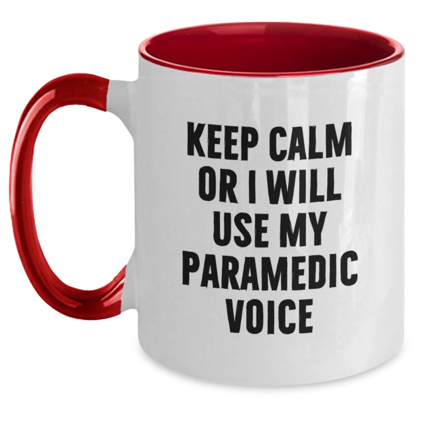 Rescue Worker Humor Funny Two Tone Coffee Mug Gifts from Friends for Birthday, 'Keep Calm Or I Will Use My Rescue Worker Voice', Black and White, Red and White, Navy and White, Pink and White Options - Main