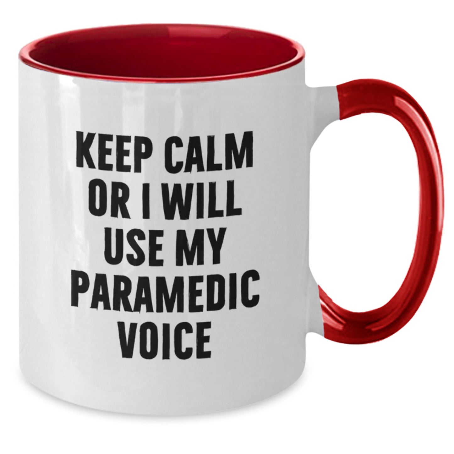 Rescue Worker Humor Funny Two Tone Coffee Mug Gifts from Friends for Birthday, 'Keep Calm Or I Will Use My Rescue Worker Voice', Black and White, Red and White, Navy and White, Pink and White Options - Additional