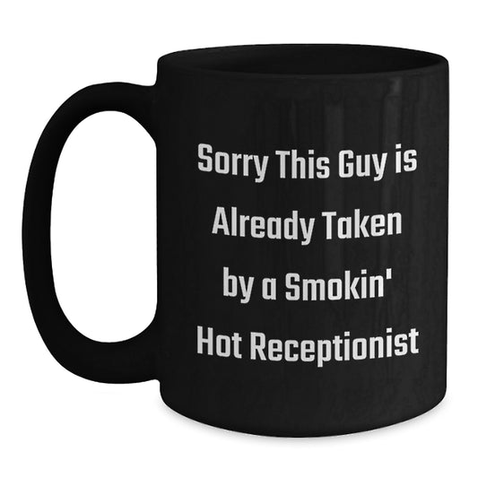 Funny Receptionist Gifts from Friends, Cute Black Coffee Mugs for Birthday Unique Gifts, Smokin' Hot Receptionist Inspiration - Black 11oz/15oz Ceramic Mug - Main