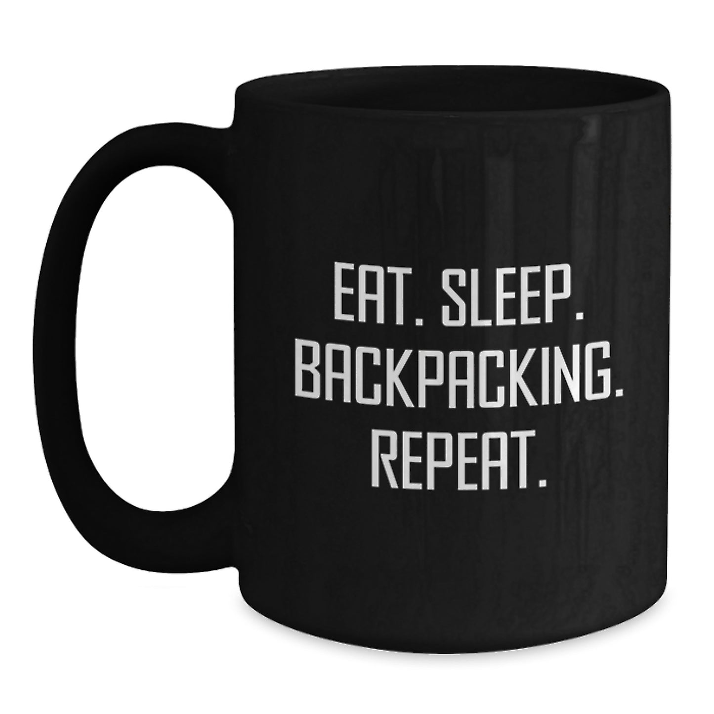 Backpacking Humor Gifts for Men Friends - 'Eat. Sleep. Backpacking. Repeat.' Funny Black Coffee Mug, Birthday Unique Gifts from Friends to Backpackers - Main