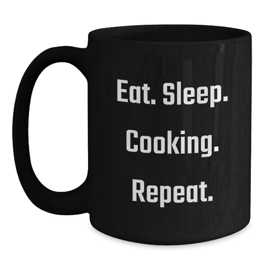 Funny Christmas Unique Gifts for Cooking Enthusiasts from Friends and Family - Eat. Sleep. Cooking. Repeat. Black Coffee Mug - Main