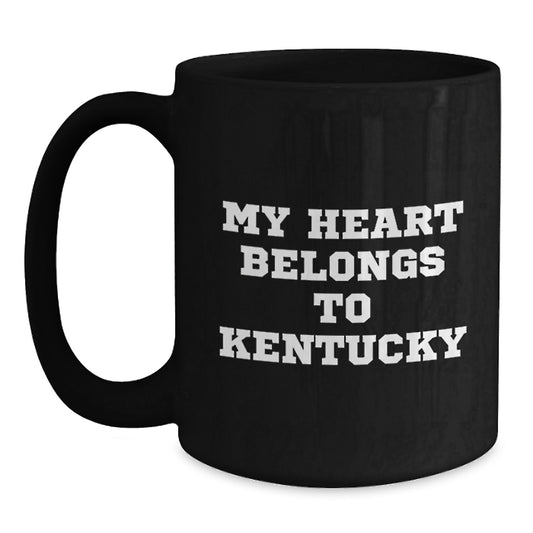 Funny Kentucky Gifts for Men, Women, Friends, Coworkers - 'My Heart Belongs To Kentucky' Black Coffee Mug, Birthday Unique Gifts from Family - Main