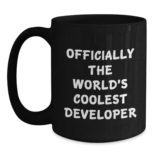 Funny Developer Gifts from Family, Black Ceramic Coffee Mug for Graduation, 'Officially The World's Coolest Developer' Quote, 11oz or 15oz, Microwave and Dishwasher Safe - Main