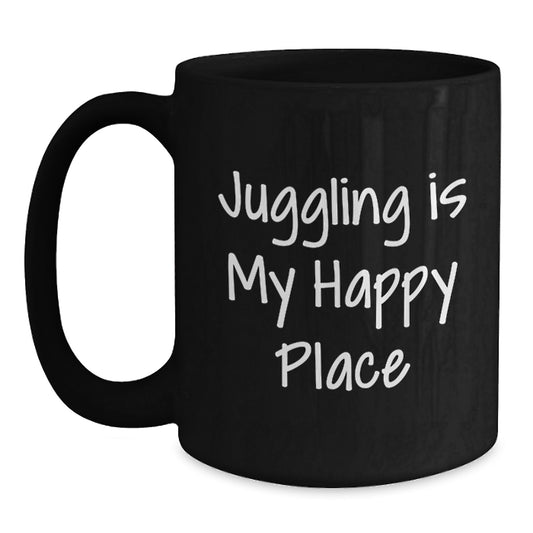 Juggling Enthusiast's Funny Coffee Mug Gifts from Friends to Juggling Graduates, Juggling Is My Happy Place, Black Ceramic Mug - Main