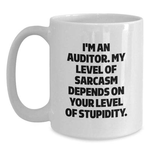 Funny Auditor Gifts, White Coffee Mug for Graduation - 'I'm An Auditor. My Level Of Sarcasm Depends On Your Level Of Stupidity.', Gifts from Friends to Auditor - Main