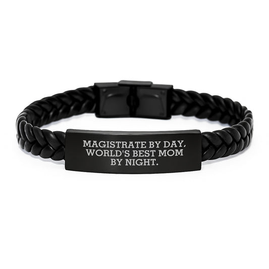 Magistrate By Day, Funny Gifts for Magistrate, World's Best Mom By Night Interlaced Leather Bracelet for Graduation - Gifts from Family to Magistrate - Image 1
