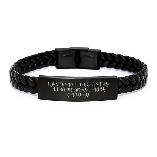 Funny Gray Tabby Cat Gifts for Men - I Just Want To Be A Stay At Home Gray Tabby Cat Dad Interlaced Leather Bracelet for Graduation, Unique Gifts from Dad to Son or Friend - Image 1