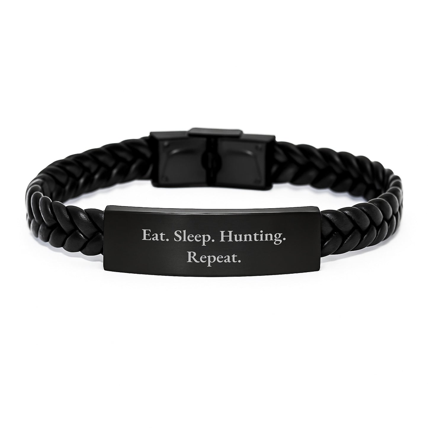 Hunting Gifts from Friends for Men - Eat. Sleep. Hunting. Repeat. Interlaced Leather Bracelet Birthday Unique - Image 1