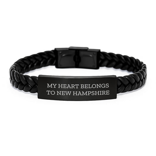 Gifts from Friends and Family to New Hampshire Lovers, 'My Heart Belongs To New Hampshire' Interlaced Leather Bracelet, Birthday Unique Gifts for Women and Men - Image 1
