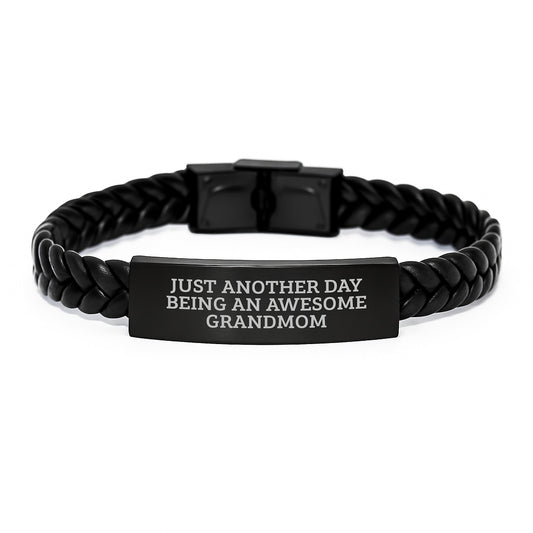 Funny Grandmom Gifts from Men or Women to Grandmom - Interlaced Leather Bracelet with Funny Quote 'Just Another Day Being An Awesome Grandmom' for Christmas Unique Gifts - Image 1