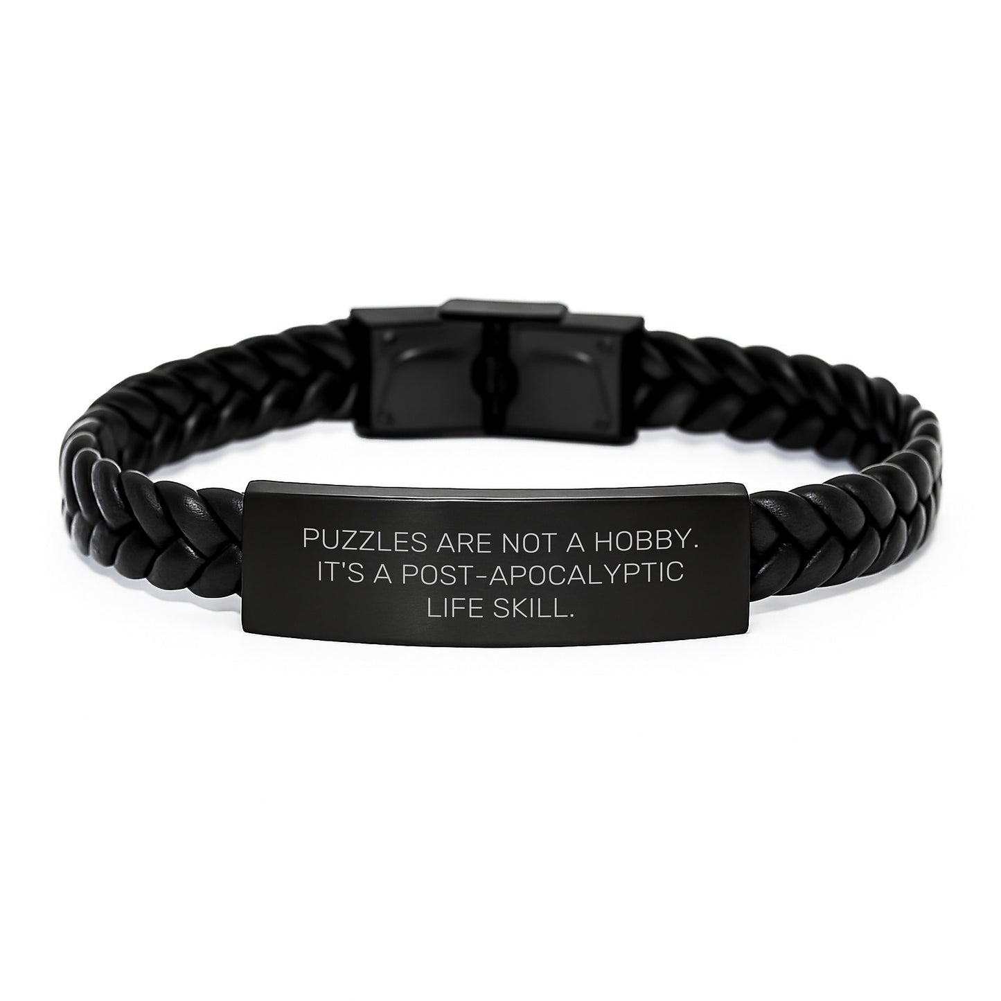'Puzzles for Men Birthday Unique Gifts' - Funny Interlaced Leather Bracelet with Quote 'Puzzles Are Not A Hobby. It's A Post-apocalyptic Life Skill.' - Gift from Friends, Coworkers, Family - Image 1