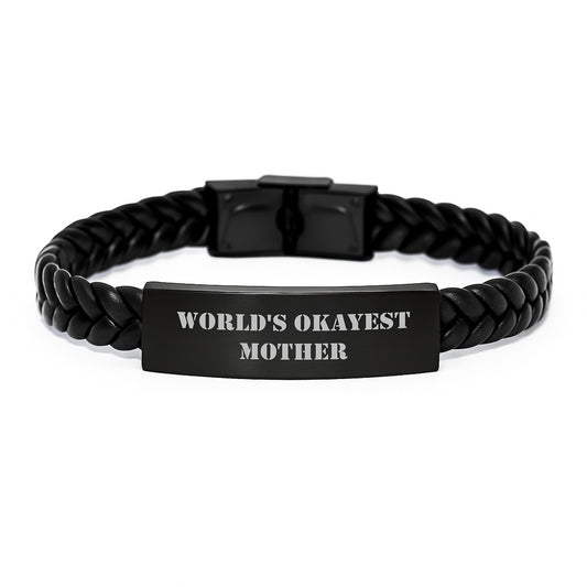 Funny Mother's Birthday Unique Gift, World's Okayest Mom Interlaced Leather Bracelet, Gifts from Women to Mother, Unique Birthday Unique Gifts for Mom - Image 1
