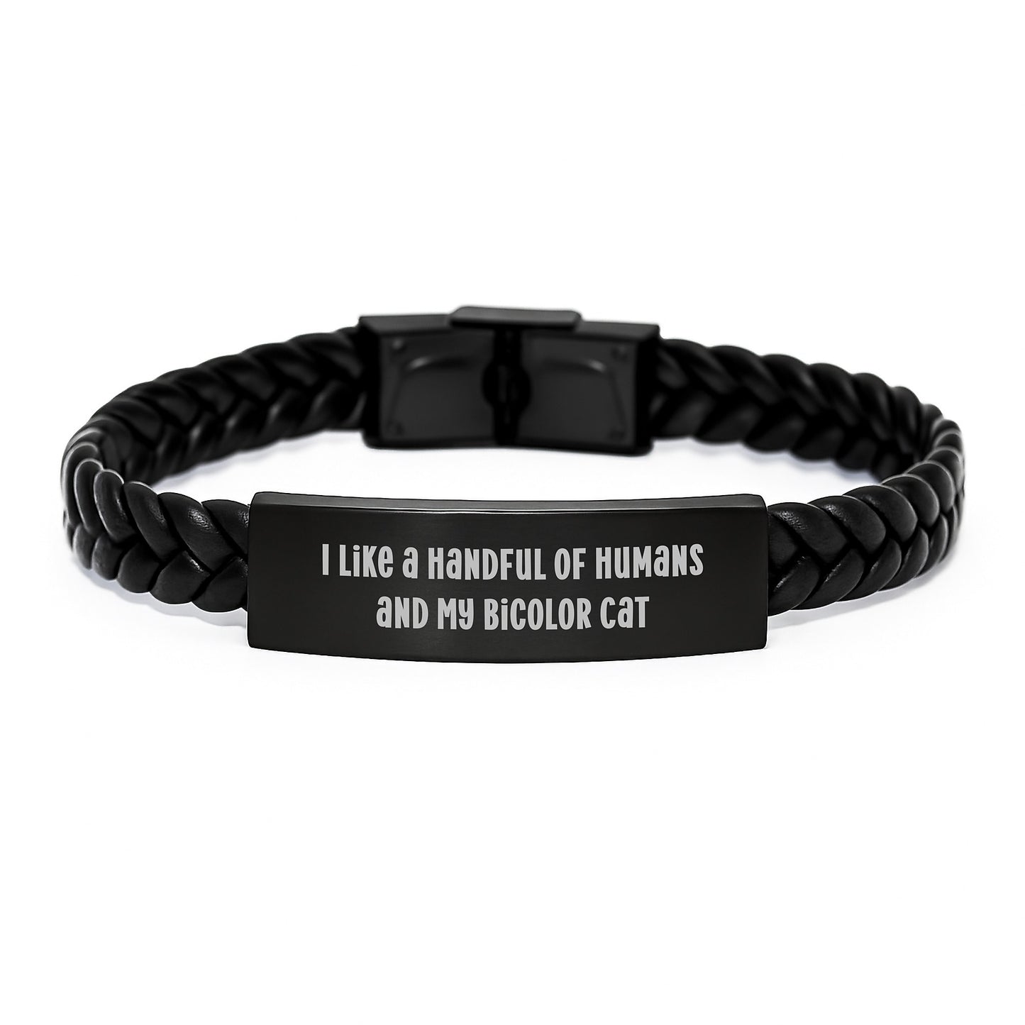 Funny Bicolor Cat Gifts, I Like A Handful Of Humans And My Bicolor Cat Interlaced Leather Bracelet, Birthday Unique Gifts for Men, Women, Friends, Coworkers, Family - Image 1