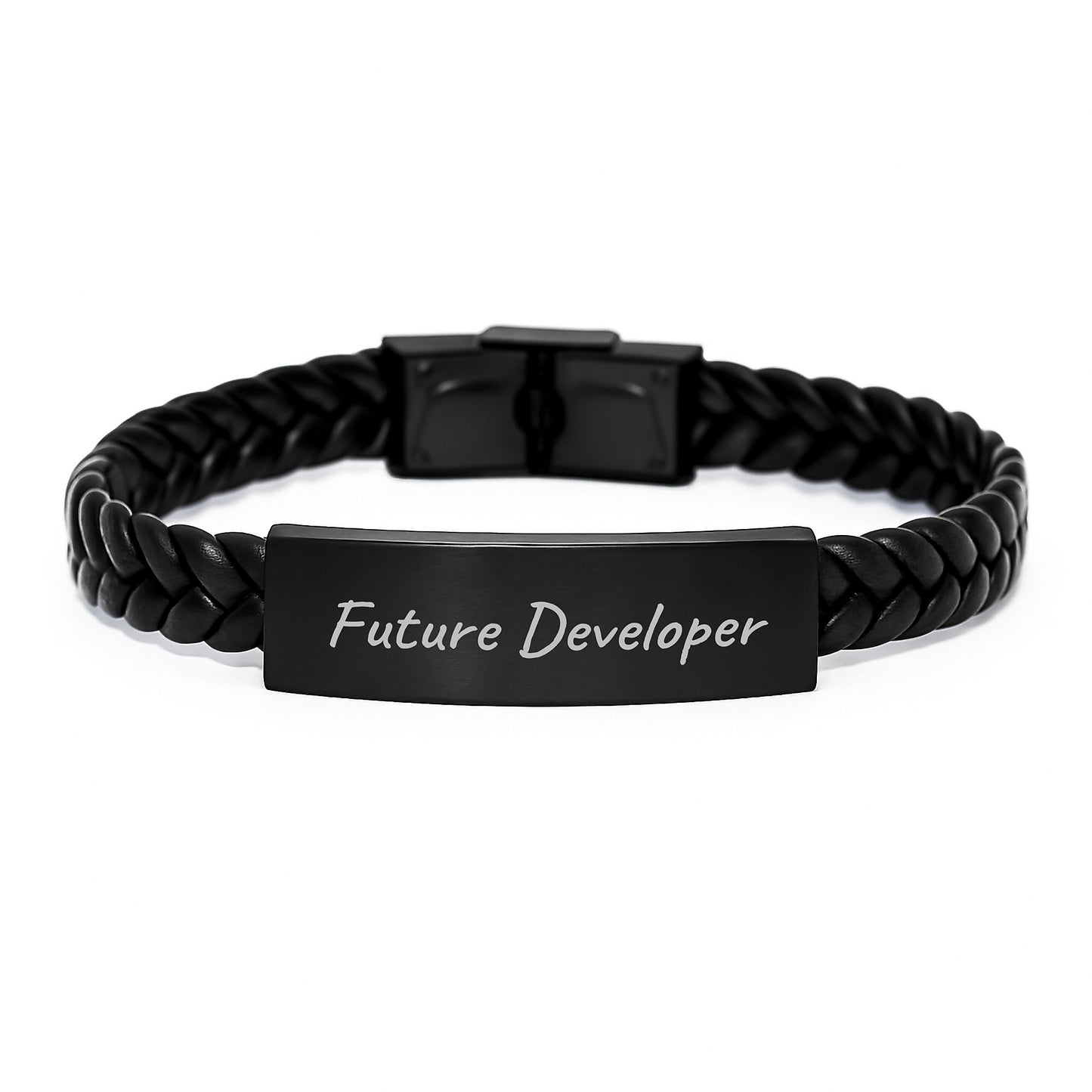 Funny Future Developer Gifts from Friends - Interlaced Leather Bracelet for Birthday, Durable Stainless Steel and PU Leather, Unique Developer Present, Engraved Quote - Image 1