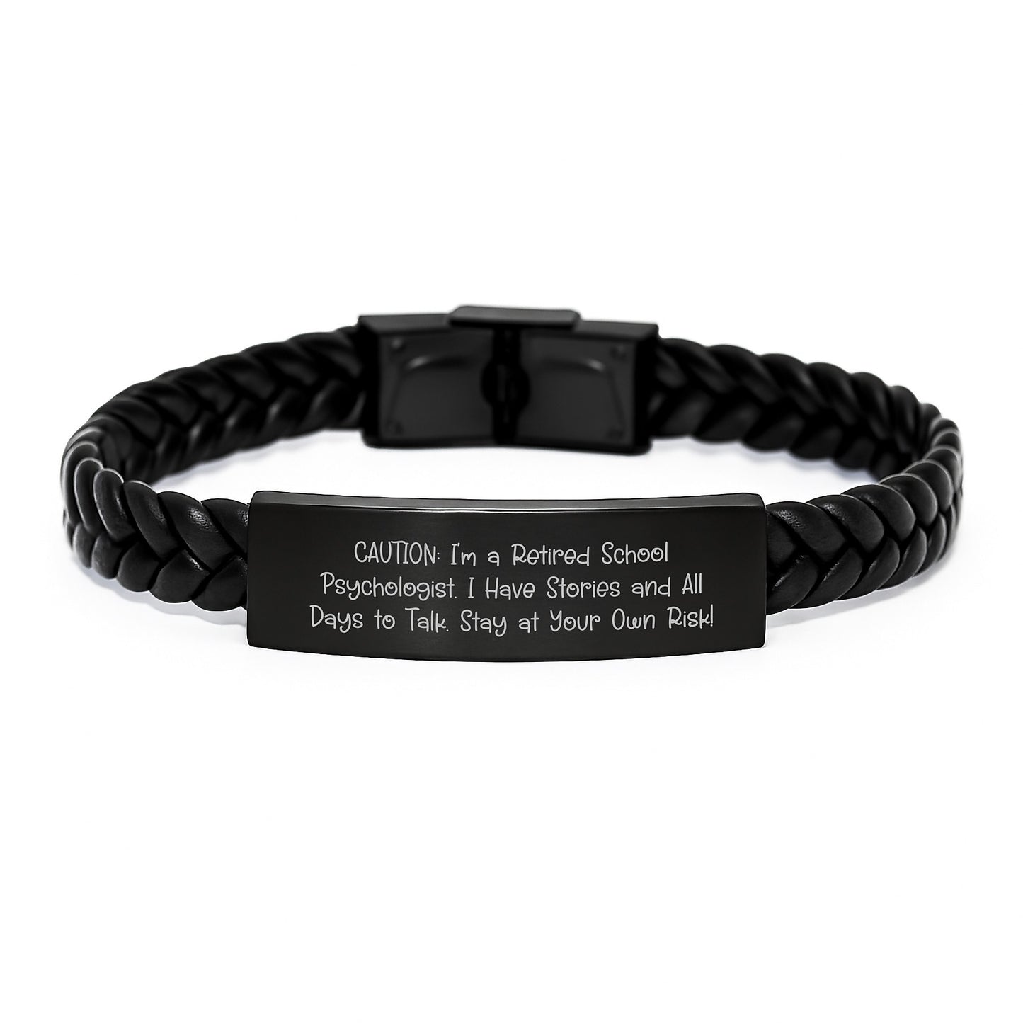 School Psychologist Gifts, Funny Quote Interlaced Leather Bracelet, Birthday Unique Gifts from Men to School Psychologist Friends, 'Caution: I'm A Retired School Psychologist...' - Image 1
