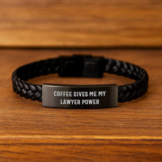 Funny Lawyer Gifts from Friends for Christmas - Interlaced Leather Bracelet with 'Coffee Gives Me My Lawyer Power' Quote - Stainless Steel and PU Leather - Image 2