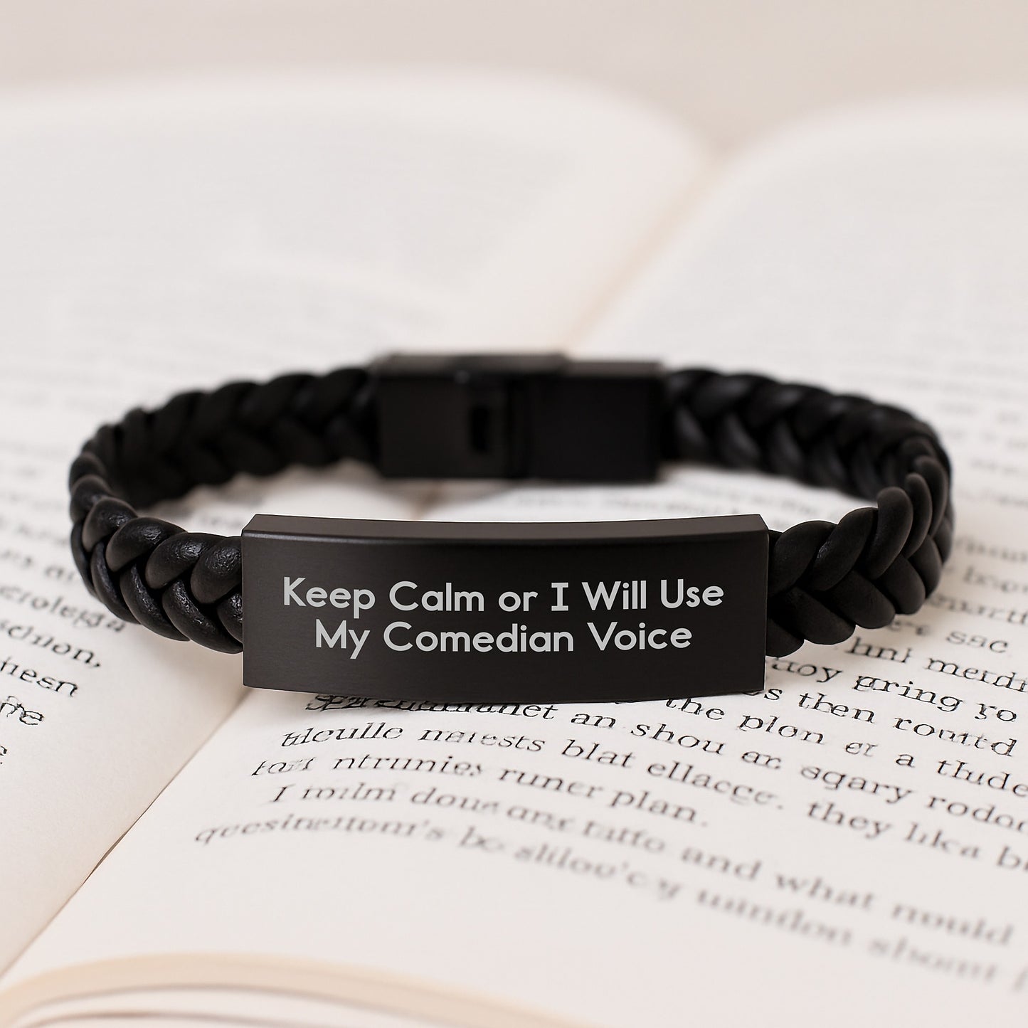 Comedian Gifts for Men - Funny Interlaced Leather Bracelet with Engraved Stainless Steel - 'Keep Calm Or I Will Use My Comedian Voice' Graduation Unique Gifts from Friends - Image 3