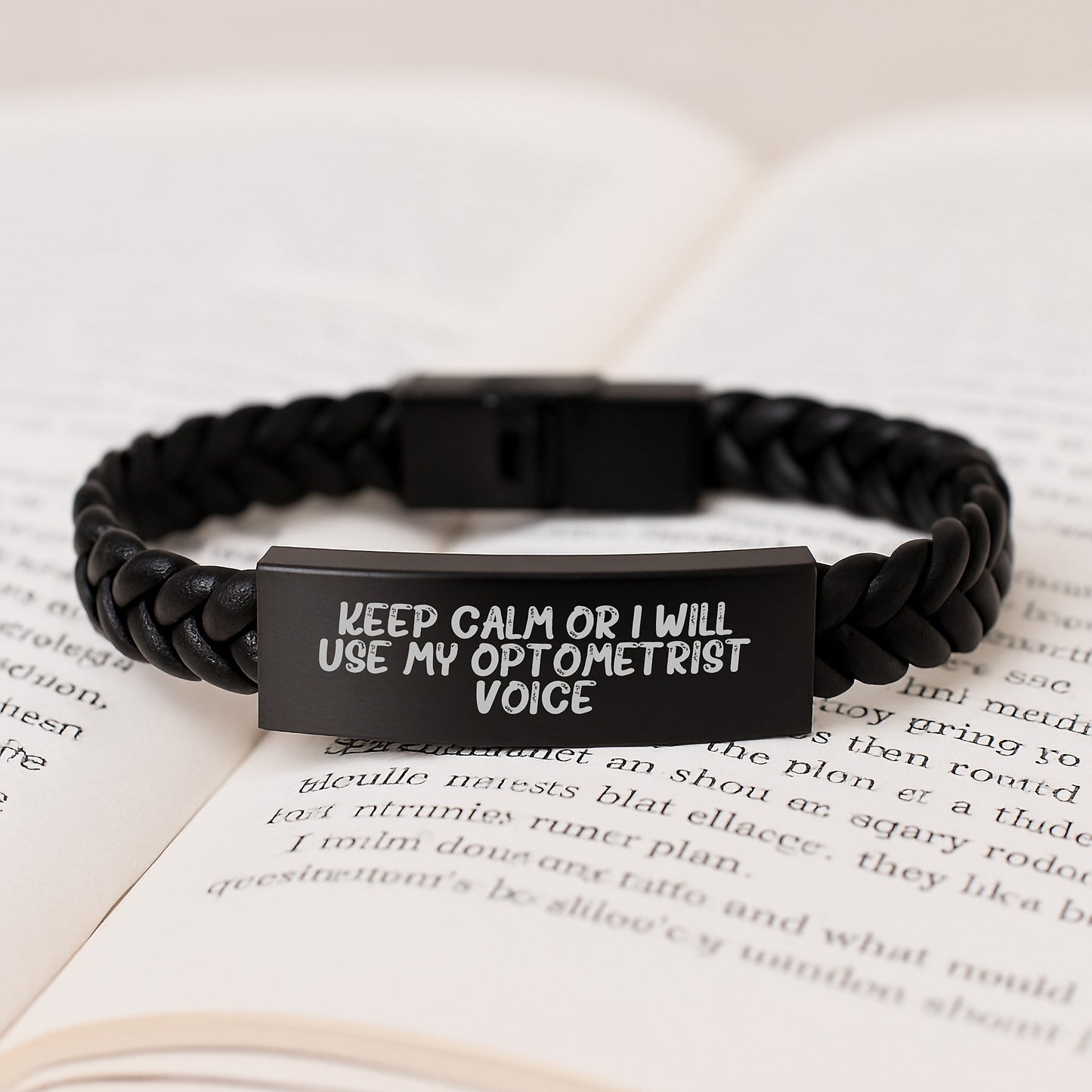 Funny Optometrist Gifts for Men or Women, 'Keep Calm Or I Will Use My Optometrist Voice' Interlaced Leather Bracelet - Christmas Unique Gifts from Family or Friends - Image 3