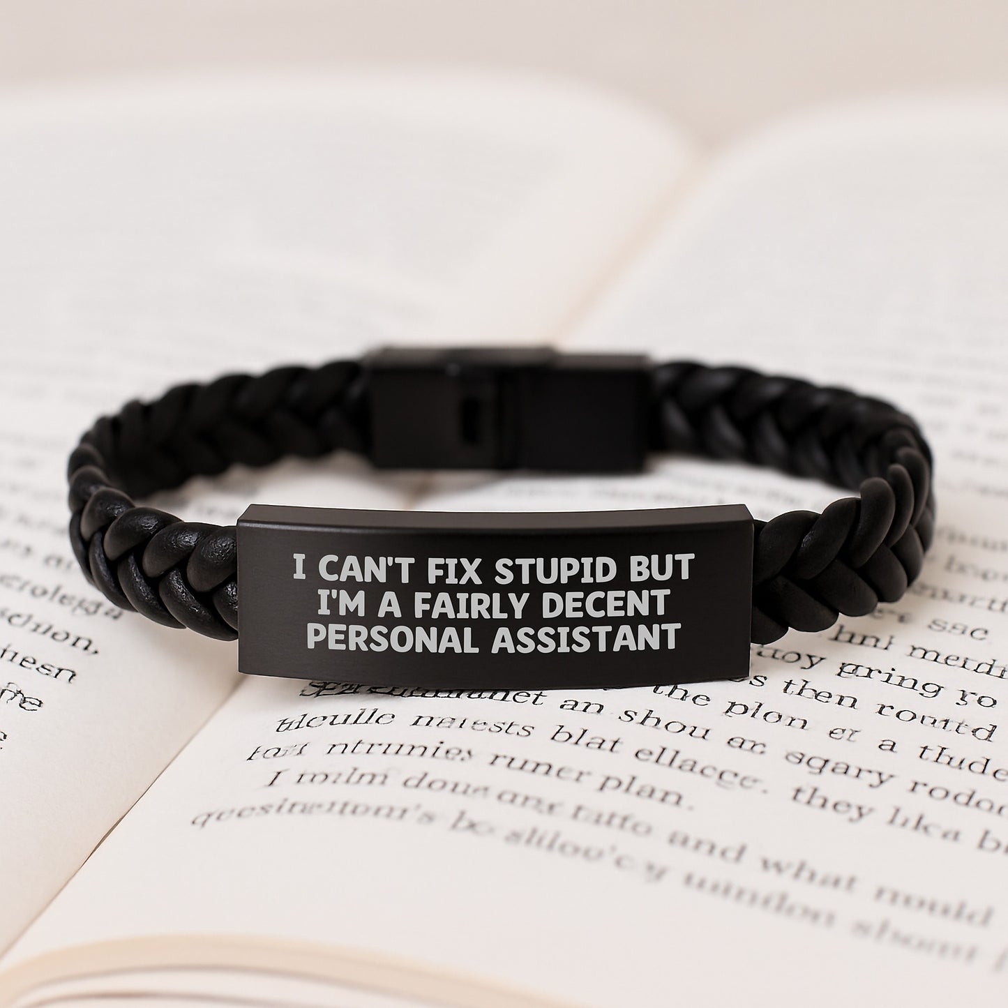 Funny Graduation Gifts from Friends for Personal Assistants - 'I Can't Fix Stupid But I'm A Fairly Decent Personal Assistant' Interlaced Leather Bracelet - Image 3