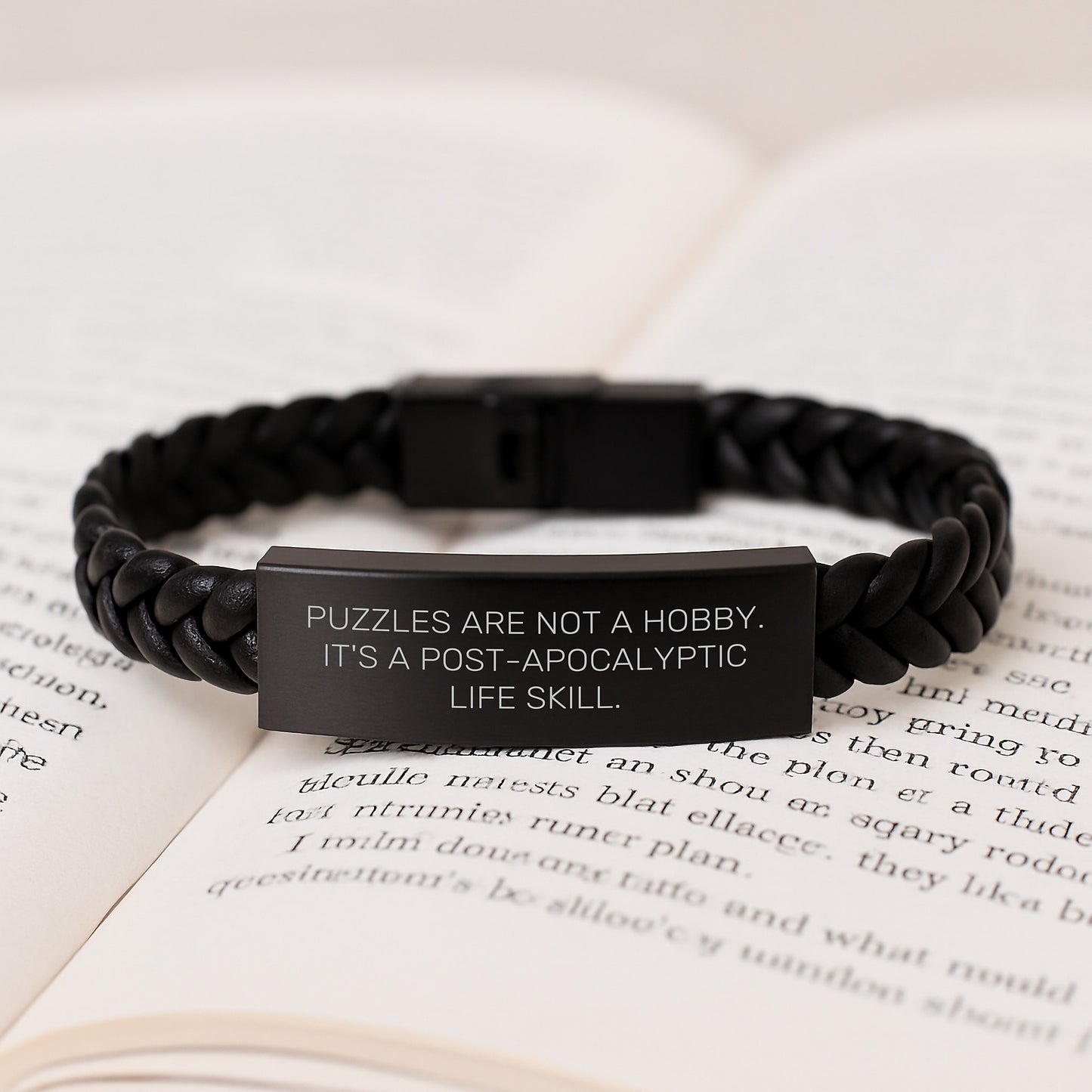 'Puzzles for Men Birthday Unique Gifts' - Funny Interlaced Leather Bracelet with Quote 'Puzzles Are Not A Hobby. It's A Post-apocalyptic Life Skill.' - Gift from Friends, Coworkers, Family - Image 3