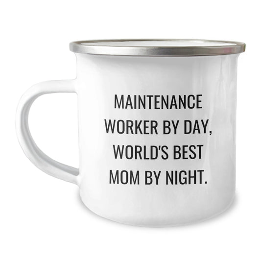 Maintenance Worker Gifts by Friends, Funny Camping Mug for Birthday, 'Maintenance Worker By Day, World's Best Mom By Night.' - Image 1