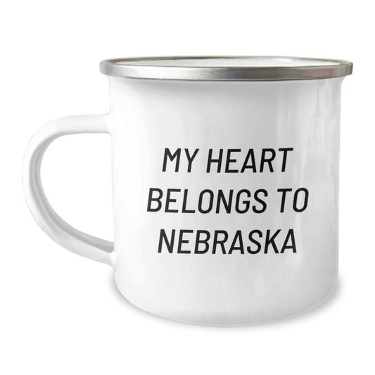 Nebraska Lovers Camping Mug, 'My Heart Belongs To Nebraska', Funny Gift for Birthday, Gifts from Friends, Nebraska Gifts for Men - Image 1