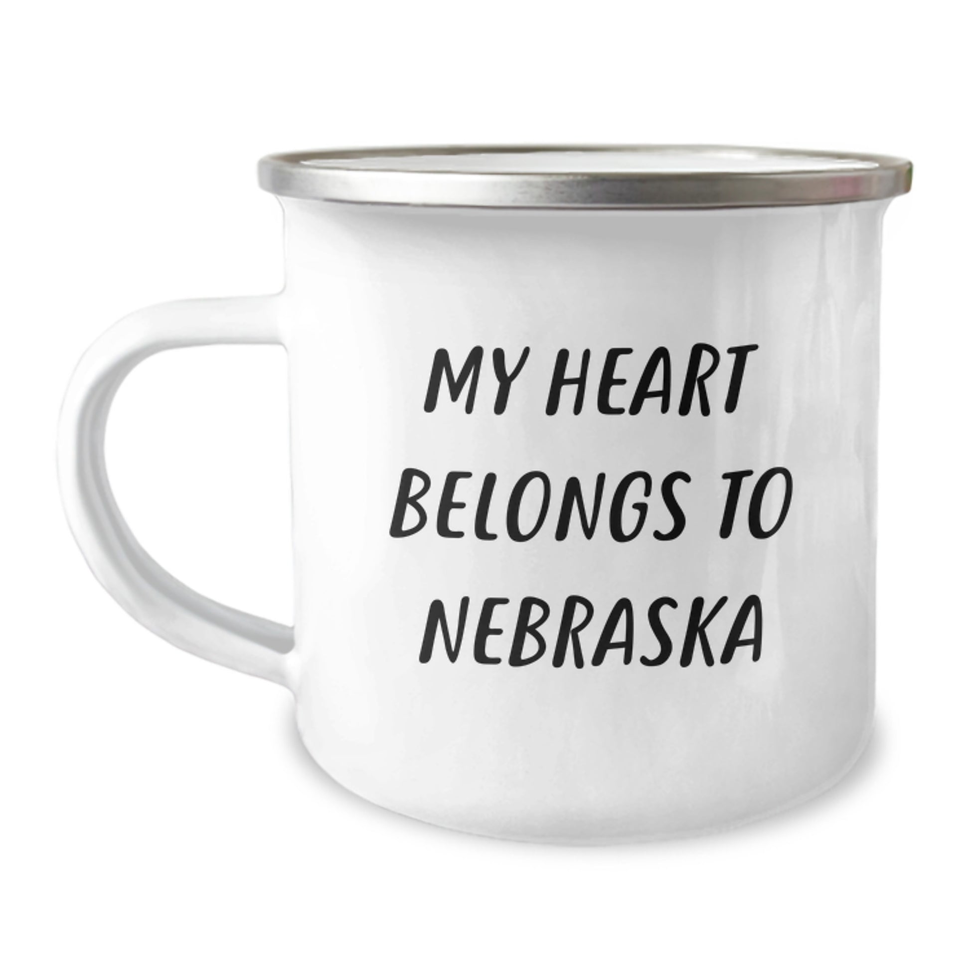 Funny Quotes Nebraska Gifts for Men from Friends - 'My Heart Belongs To Nebraska' Enamel Camping Mug, Birthday Unique Gifts - Image 1