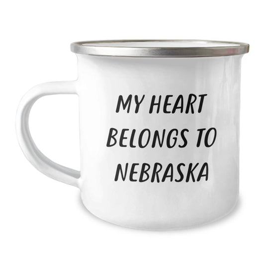 Funny Quotes Nebraska Gifts for Men from Friends - 'My Heart Belongs To Nebraska' Enamel Camping Mug, Birthday Unique Gifts - Image 1