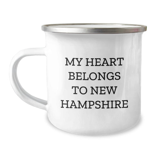 Funny New Hampshire Gifts for Men and Women, Camping Mug with 'My Heart Belongs To New Hampshire' Quote, Gifts from Friends and Family for Birthday - Image 1