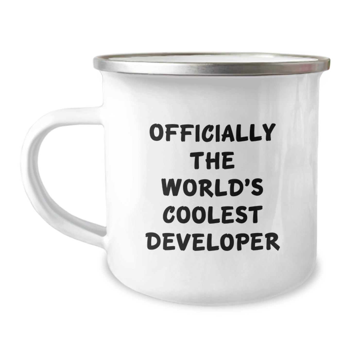 Developer Gifts from Friends to Developer - Camping Mug for Graduation Celebration, 'Officially The World's Coolest Developer' Quote, 12 oz Stainless Steel Enamel Finish - Image 1