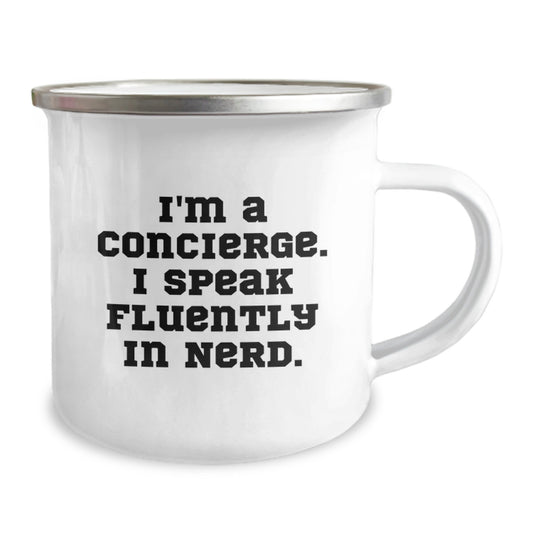 Concierge Gifts from Friends - Funny Camping Mug for Birthday, 'I'm A Concierge. I Speak Fluently In genius.' Quote, 12 oz Stainless Steel with Enamel Finish - Image 2