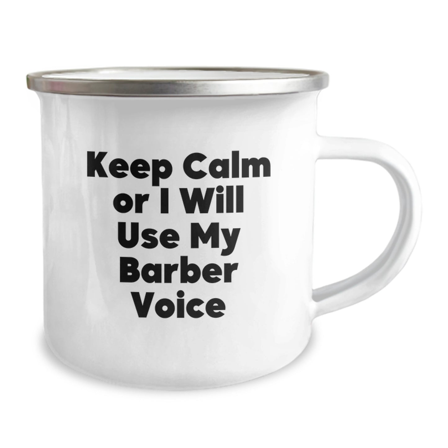 Funny Barber Gifts for Men, Christmas Unique Presents from Friends to Barber, Camping Mug with Keep Calm Or I Will Use My Barber Voice, Funny Holiday Mug - Image 2