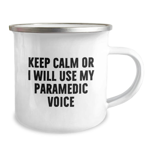 Rescue Worker Camping Mug Funny Gifts from Friends for Birthday, 'Keep Calm Or I Will Use My Rescue Worker Voice' Rescue Worker Humor, 12 oz Stainless Steel Enamel Finish - Image 2