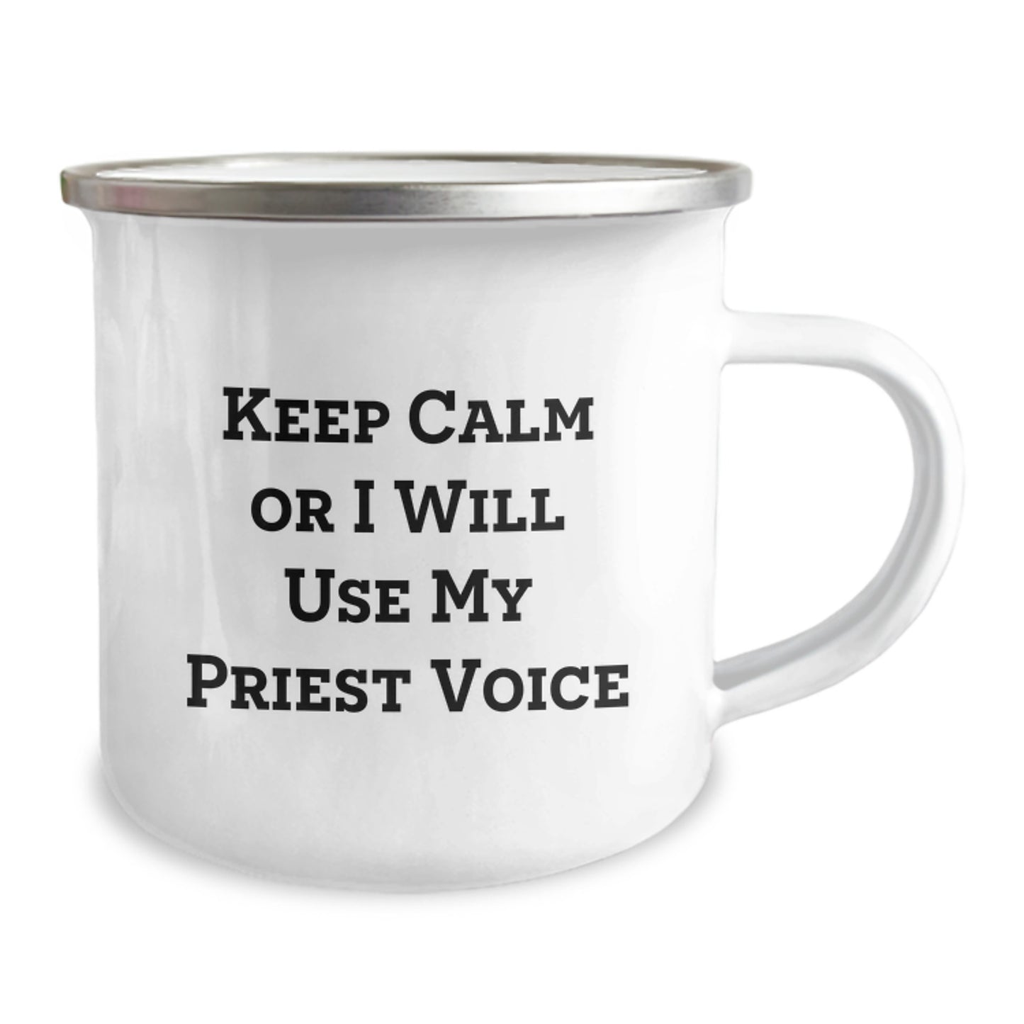 Funny Priest Gifts for Men, Christmas Unique Presents from Friends to Priest, 'Keep Calm Or I Will Use My Priest Voice' Camping Mug - Image 2