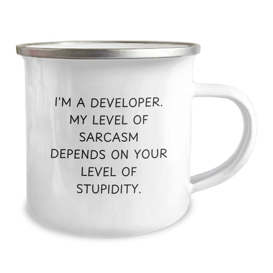 Funny Developer Gifts, Christmas Unique Gifts for Men, Cute Camping Mug, Inspirational Quote 'I'm A Developer. My Level Of Sarcasm Depends On Your Level Of Stupidity.' from Friends or Coworkers - Image 2