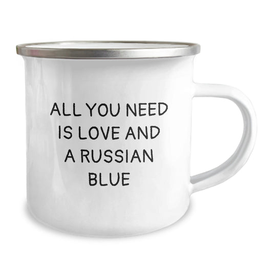 Funny Russian Blue Cat Gifts from Family to Friends - 'All You Need Is Love And A Russian Blue' Birthday Camping Mug - Image 2