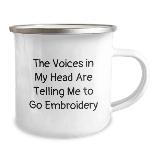 Funny Embroidery Gifts for Men - Unique Graduation Unique Gifts from Friends to Embroidery Lovers - The Voices In My Head Are Telling Me To Go Embroidery Camping Mug - Image 2