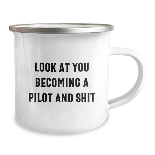 Funny Pilot Gifts from Men to Friends, Christmas Unique Pilot Theme Camping Mug with Look At You Becoming A Pilot And Shit Quote - Image 2