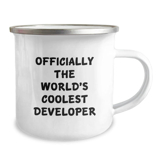 Developer Gifts from Friends to Developer - Camping Mug for Graduation Celebration, 'Officially The World's Coolest Developer' Quote, 12 oz Stainless Steel Enamel Finish - Image 2