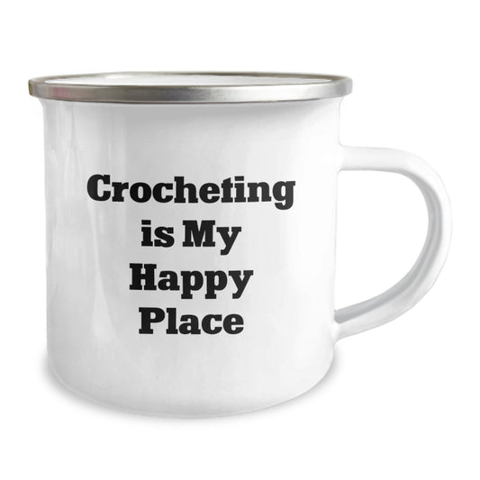 Birthday Unique Gifts for Crocheting Enthusiasts - 'Crocheting Is My Happy Place' Funny Camping Mug, 12 oz Stainless Steel with Enamel Finish, Perfect for Crocheting Friends and Family - Image 2