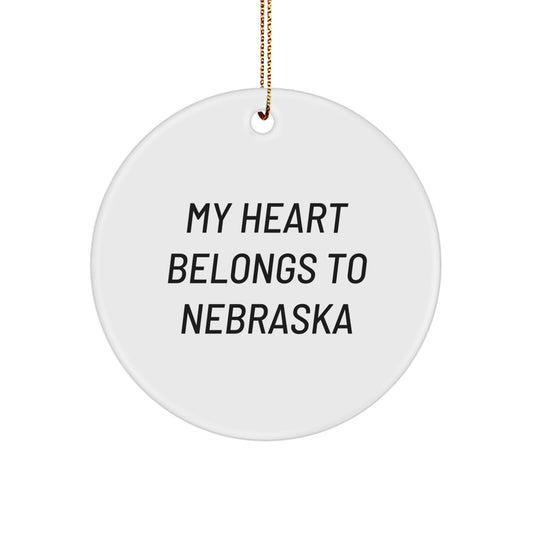 Nebraska Lovers' Heartfelt Circle Ornament, 'My Heart Belongs To Nebraska' Quote, Gifts from Friends to Family - Image 1