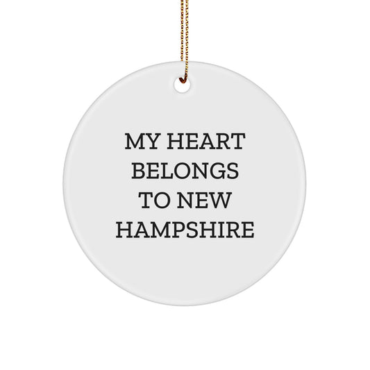 New Hampshire Circle Ornament, 'My Heart Belongs To New Hampshire', White, 2.75'' Tall, Gifts from Friends to Family, Perfect for Christmas Decorations - Image 1