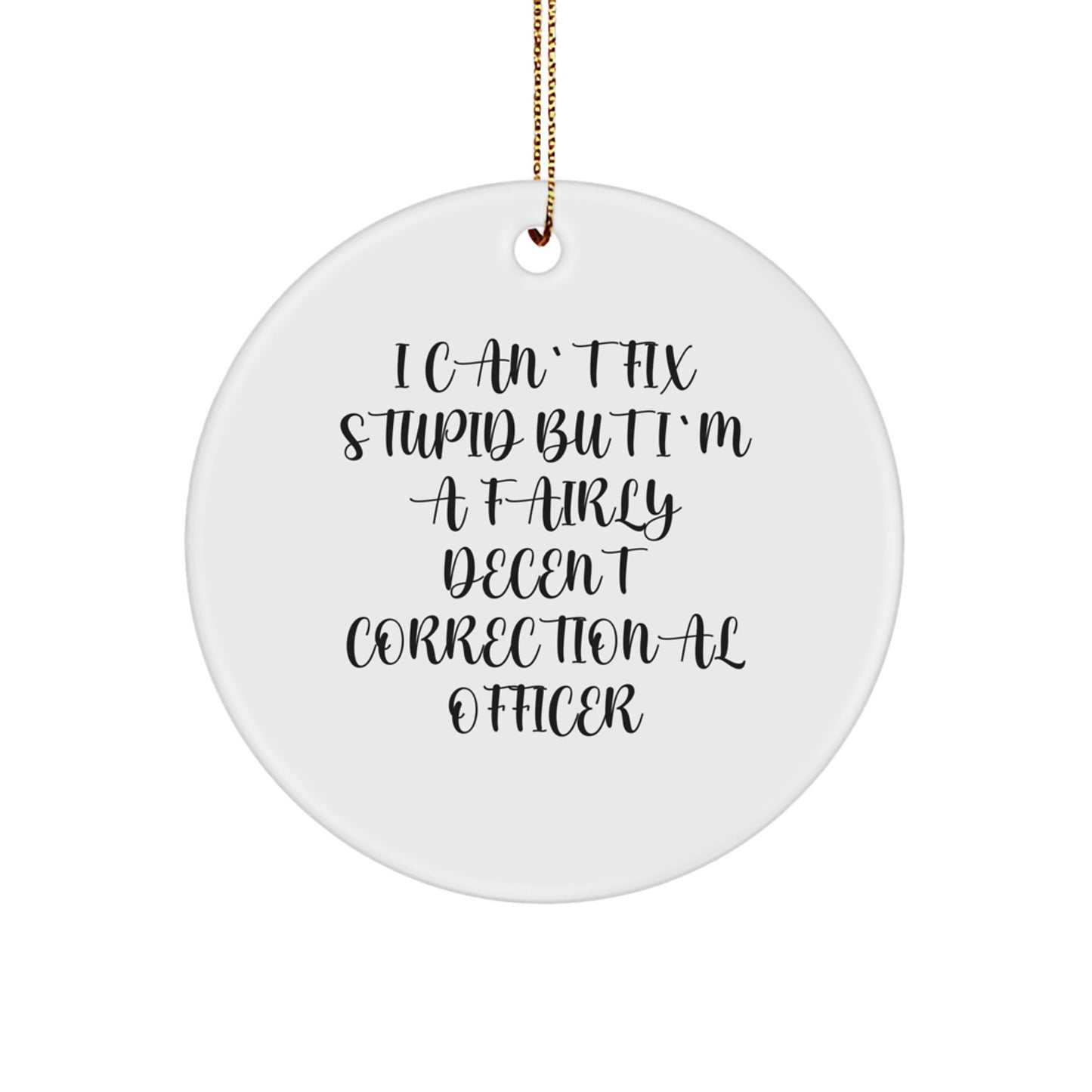 Funny Correctional Officer Gifts, 'I Can't Fix Stupid' Circle Ornament, White, Christmas Memorable Presents for Men, Women, Coworkers, Family - Image 1