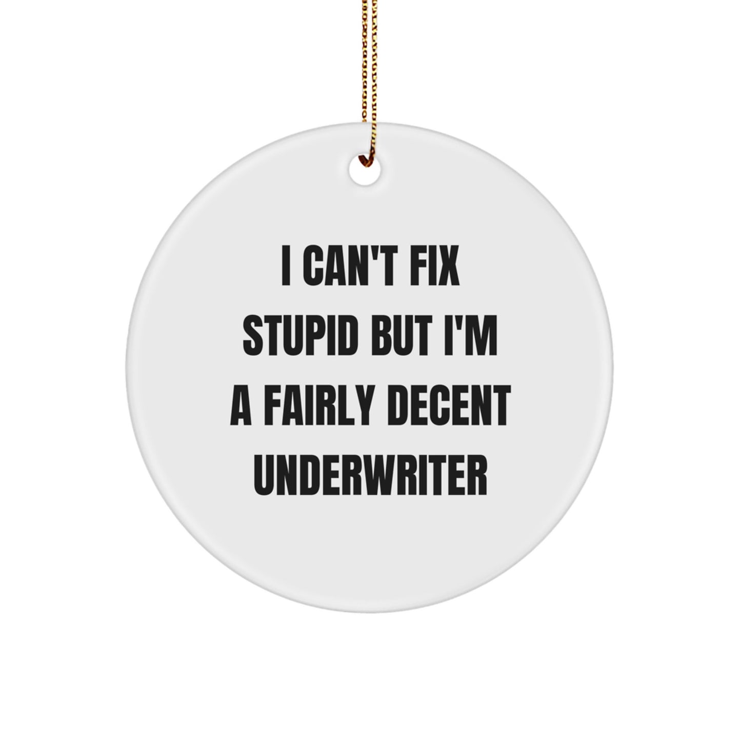 Underwriter Gifts from Friends, Family, or Coworkers - I Can't Fix Stupid But I'm A Fairly Decent Underwriter Circle Ornament for Men, Women, or Colleagues - Unique Christmas Unique Gift - Image 1