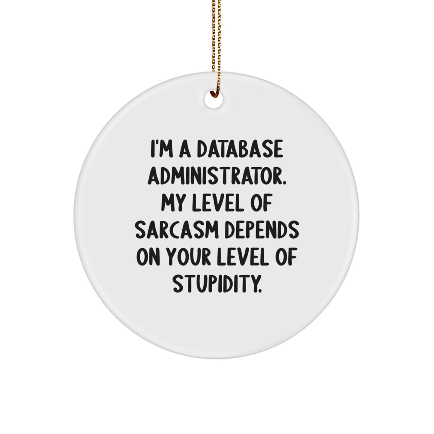 Funny Database Administrator Gifts from Friends for Christmas - Circle Ornament with 'I'm A Database Administrator. My Level Of Sarcasm Depends On Your Level Of Stupidity.' Quote - Image 1